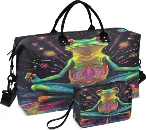 Meditating Frog Cosmic Black Sports Gym Bag for Women Men Travel Duffel Bag Weekend Overnight Carry on Bag with Toiletry Bag Hospital Bag for Plane Hospital Swimming Yoga Workout