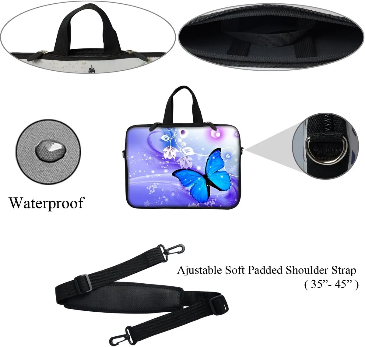 Meffort Inc 11.6 12 Inch Neoprene Laptop Sleeve Bag Carrying Case with Hidden Handle and Adjustable Shoulder Strap - Blue Purple Butterfly