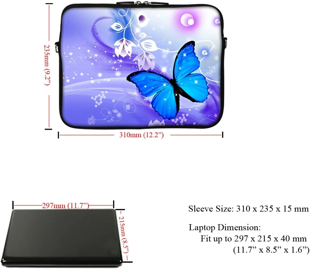 Meffort Inc 11.6 12 Inch Neoprene Laptop Sleeve Bag Carrying Case with Hidden Handle and Adjustable Shoulder Strap - Blue Purple Butterfly