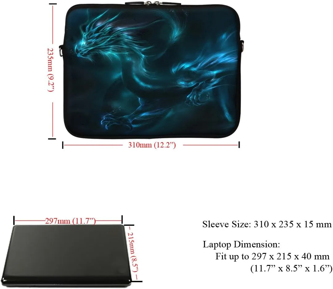 Meffort Inc 12 Inch Neoprene Laptop Sleeve Bag - Water Resistant, Hidden Handle, Adjustable Shoulder Strap, Dual Zipper, Fits Up to 11.6” - 12" Laptops - The Starring Night - Blue Dragon