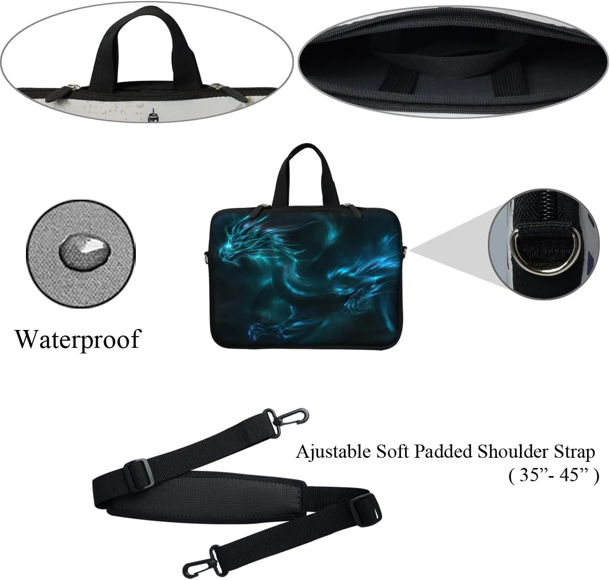 Meffort Inc 12 Inch Neoprene Laptop Sleeve Bag - Water Resistant, Hidden Handle, Adjustable Shoulder Strap, Dual Zipper, Fits Up to 11.6” - 12" Laptops - The Starring Night - Blue Dragon