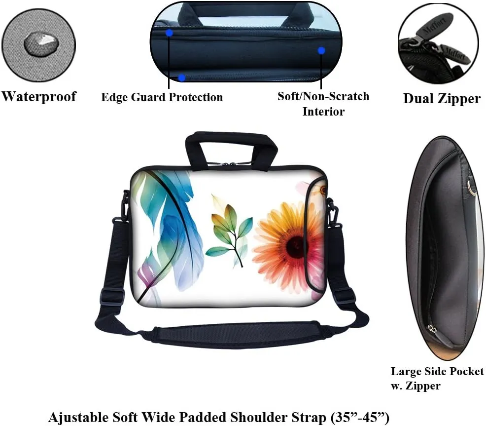 Meffort Inc 13.3 Inch Neoprene Laptop Bag with Extra Side Pocket Compatible with 12.5" to 13.3" MacBooks Chromebooks & Laptops - White Flower Leaves
