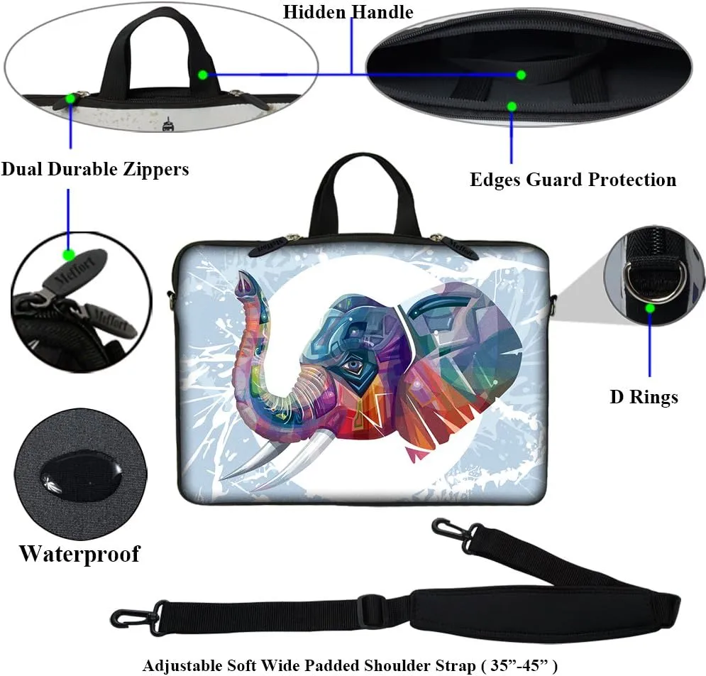 Meffort Inc 15 15.6 inch Neoprene Laptop Sleeve Bag Carrying Case with Hidden Handle and Adjustable Shoulder Strap - Elephant Painting