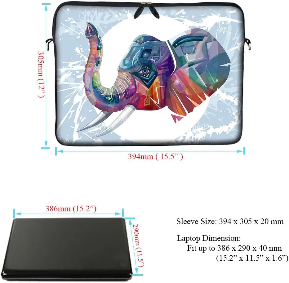 Meffort Inc 15 15.6 inch Neoprene Laptop Sleeve Bag Carrying Case with Hidden Handle and Adjustable Shoulder Strap - Elephant Painting