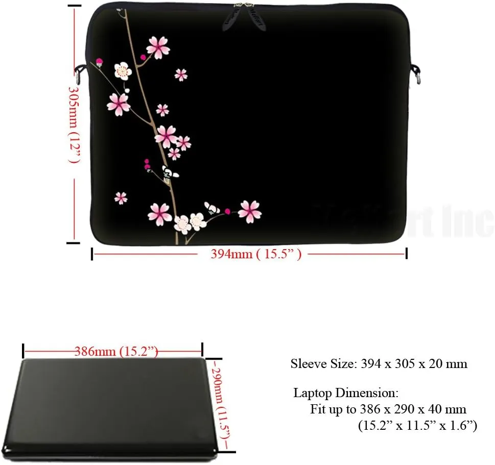 Meffort Inc 15 15.6 inch Neoprene Laptop Sleeve Bag Carrying Case with Hidden Handle and Adjustable Shoulder Strap - Plum Blossoms Design