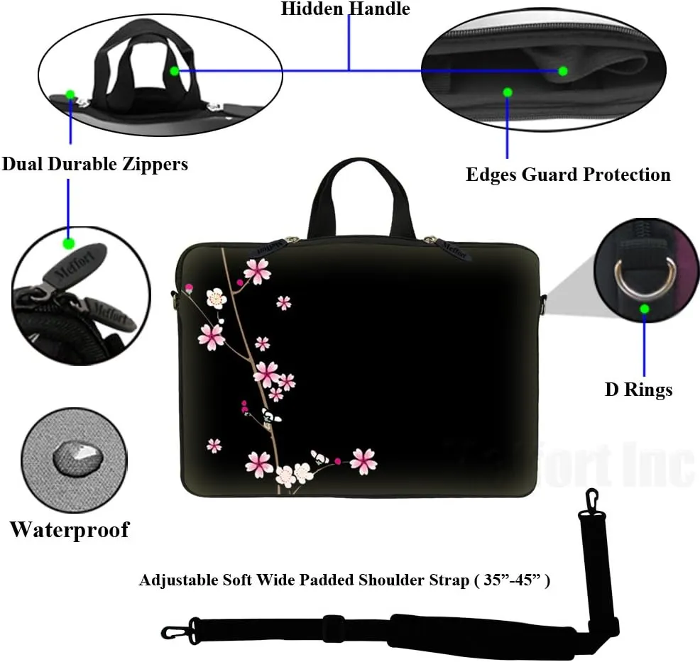 Meffort Inc 15 15.6 inch Neoprene Laptop Sleeve Bag Carrying Case with Hidden Handle and Adjustable Shoulder Strap - Plum Blossoms Design