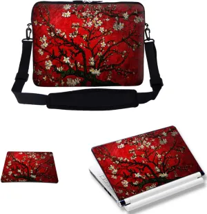 Meffort Inc 17 17.3 inch Laptop Carrying Sleeve Bag Case with Hidden Handle & Adjustable Shoulder Strap with Matching Skin Sticker and Mouse Pad Combo - Vincent van Gogh Cherry Blossoming