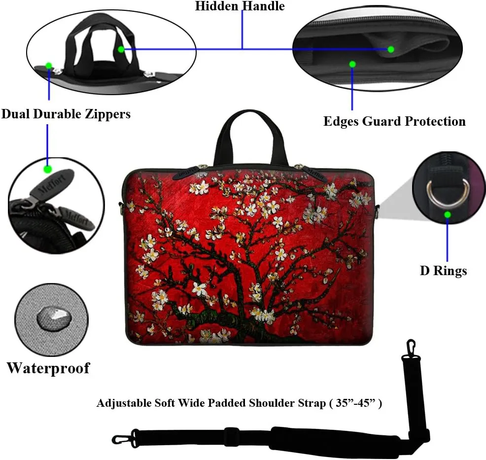 Meffort Inc 17 17.3 inch Laptop Carrying Sleeve Bag Case with Hidden Handle & Adjustable Shoulder Strap with Matching Skin Sticker and Mouse Pad Combo - Vincent van Gogh Cherry Blossoming