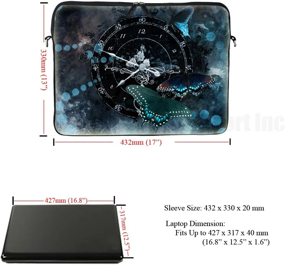 Meffort Inc 17 17.3 inch Laptop Sleeve Bag Carrying Case with Hidden Handle and Adjustable Shoulder Strap - Clock Butterfly Design