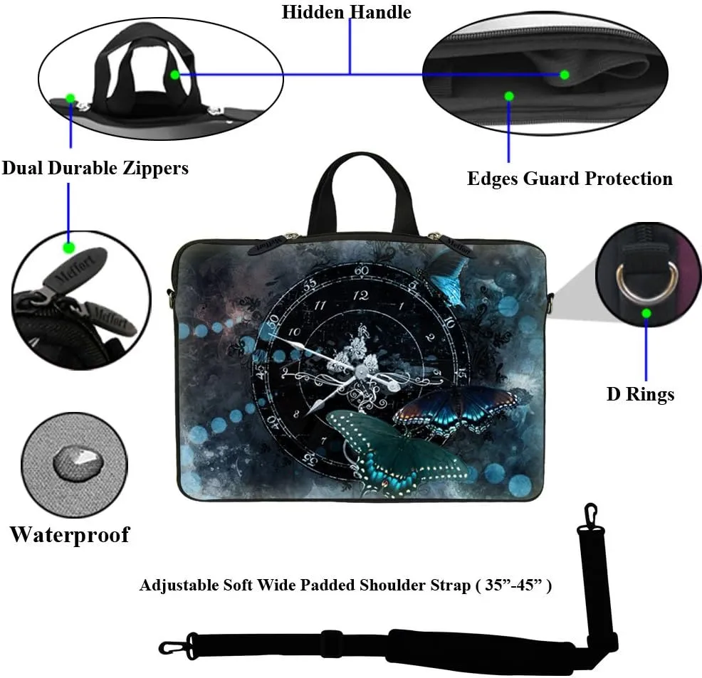 Meffort Inc 17 17.3 inch Laptop Sleeve Bag Carrying Case with Hidden Handle and Adjustable Shoulder Strap - Clock Butterfly Design