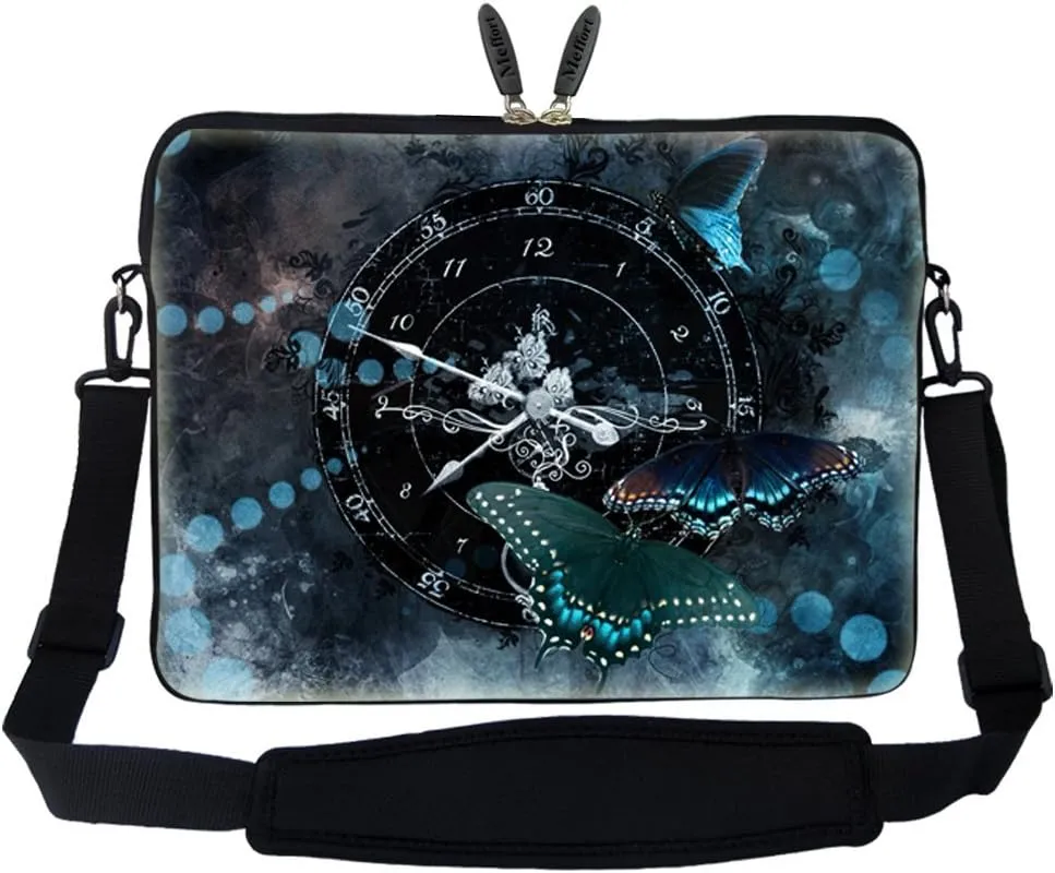 Meffort Inc 17 17.3 inch Laptop Sleeve Bag Carrying Case with Hidden Handle and Adjustable Shoulder Strap - Clock Butterfly Design