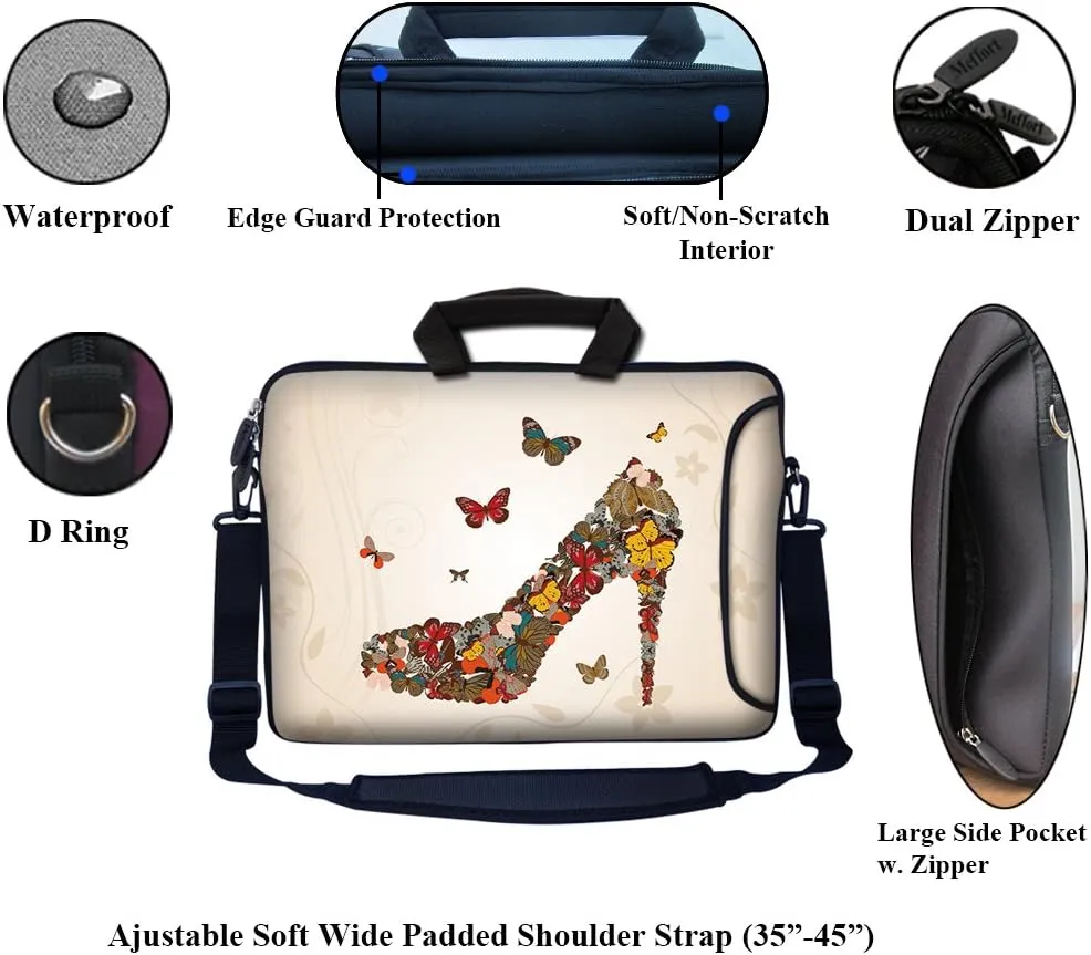 Meffort Inc 17 17.3 inch Neoprene Laptop Bag Sleeve with Extra Side Pocket, Soft Carrying Handle & Removable Shoulder Strap for 16" to 17.3" Size Notebook Computer (Butterfly High Heel)