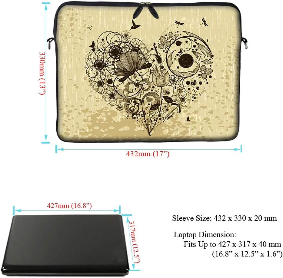 Meffort Inc 17 17.3 inch Neoprene Laptop Sleeve Bag Carrying Case with Adjustable Shoulder Strap & Matching Skin Sticker, Mouse Pad Combo - Hearts of Flower