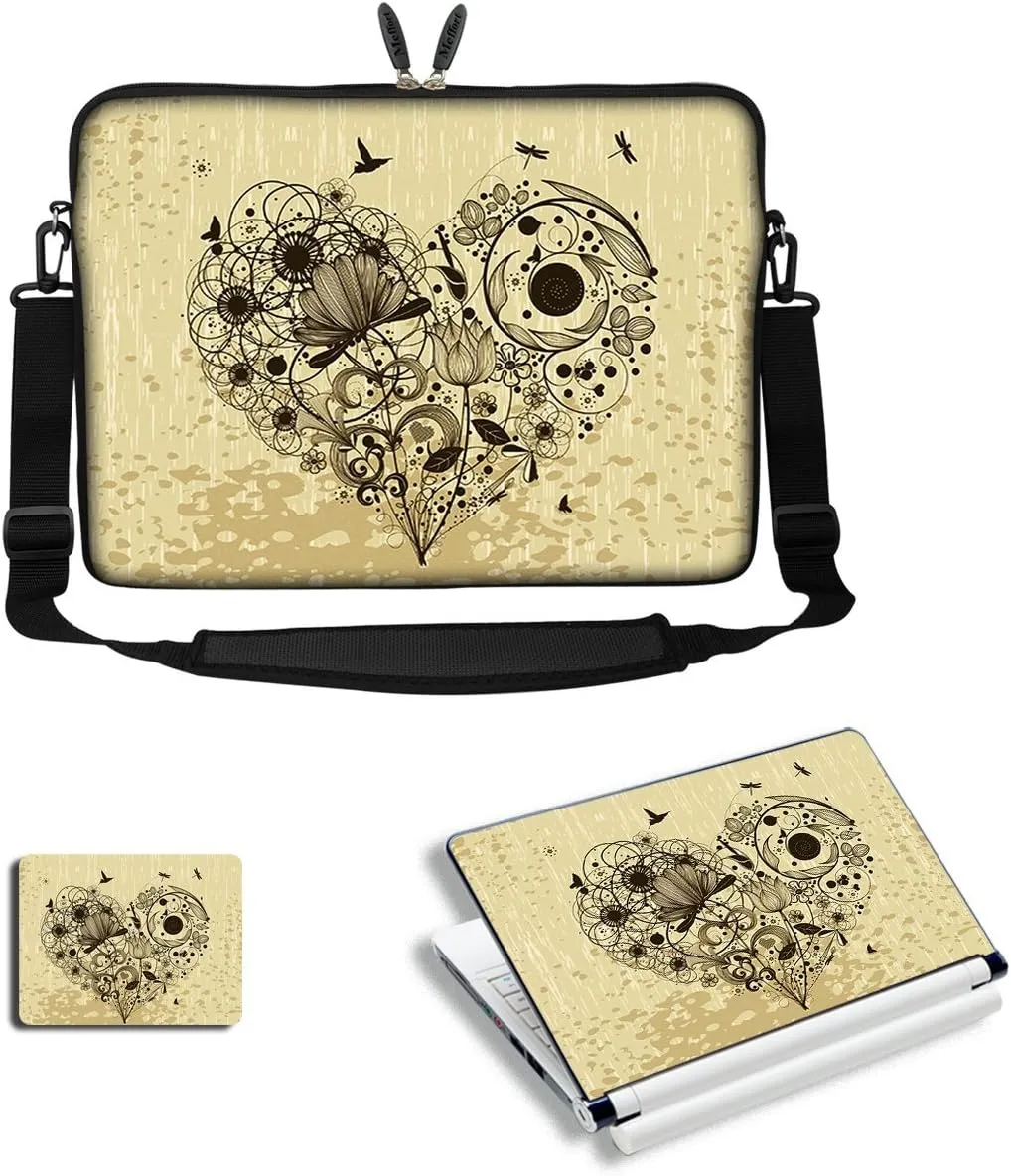 Meffort Inc 17 17.3 inch Neoprene Laptop Sleeve Bag Carrying Case with Adjustable Shoulder Strap & Matching Skin Sticker, Mouse Pad Combo - Hearts of Flower
