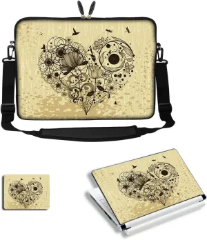 Meffort Inc 17 17.3 inch Neoprene Laptop Sleeve Bag Carrying Case with Adjustable Shoulder Strap & Matching Skin Sticker, Mouse Pad Combo - Hearts of Flower