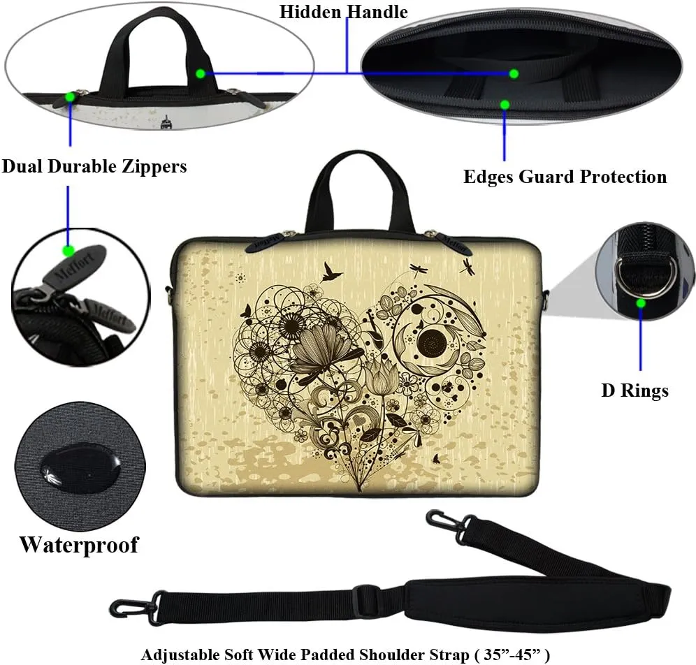Meffort Inc 17 17.3 inch Neoprene Laptop Sleeve Bag Carrying Case with Adjustable Shoulder Strap & Matching Skin Sticker, Mouse Pad Combo - Hearts of Flower