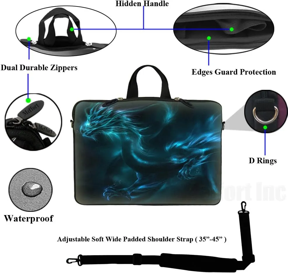 Meffort Inc 17 17.3 inch Neoprene Laptop Sleeve Bag Carrying Case with Hidden Handle and Adjustable Shoulder Strap - Blue Dragon