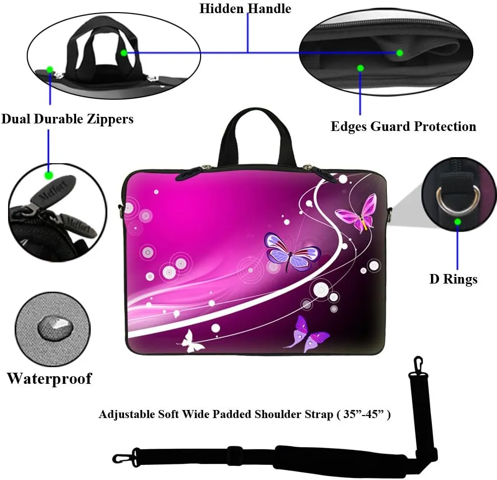 Meffort Inc 17 17.3 inch Neoprene Laptop Sleeve Bag Carrying Case with Hidden Handle and Adjustable Shoulder Strap - Pink Orange Mini Butterfly