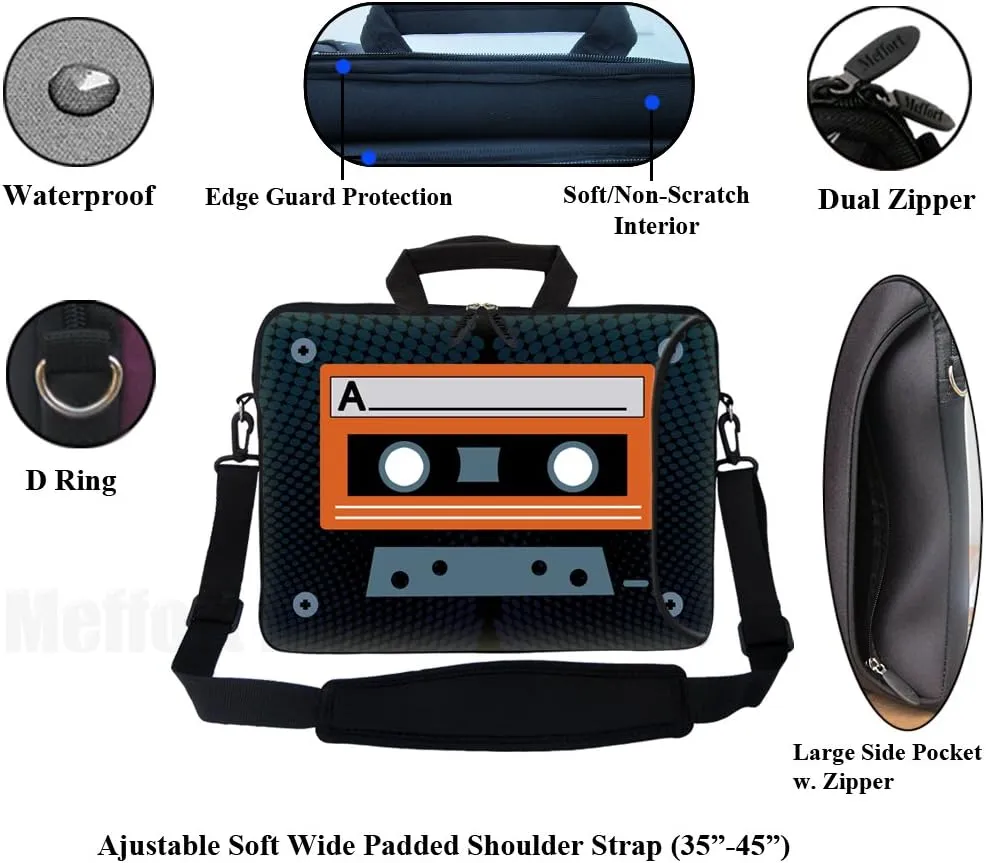 Meffort Inc 17.3 Inch Neoprene Laptop Bag with Extra Side Pocket, Soft Carrying Handle & Removable Shoulder Strap Fit 16" to 17.3" Laptop - Cassette Tape