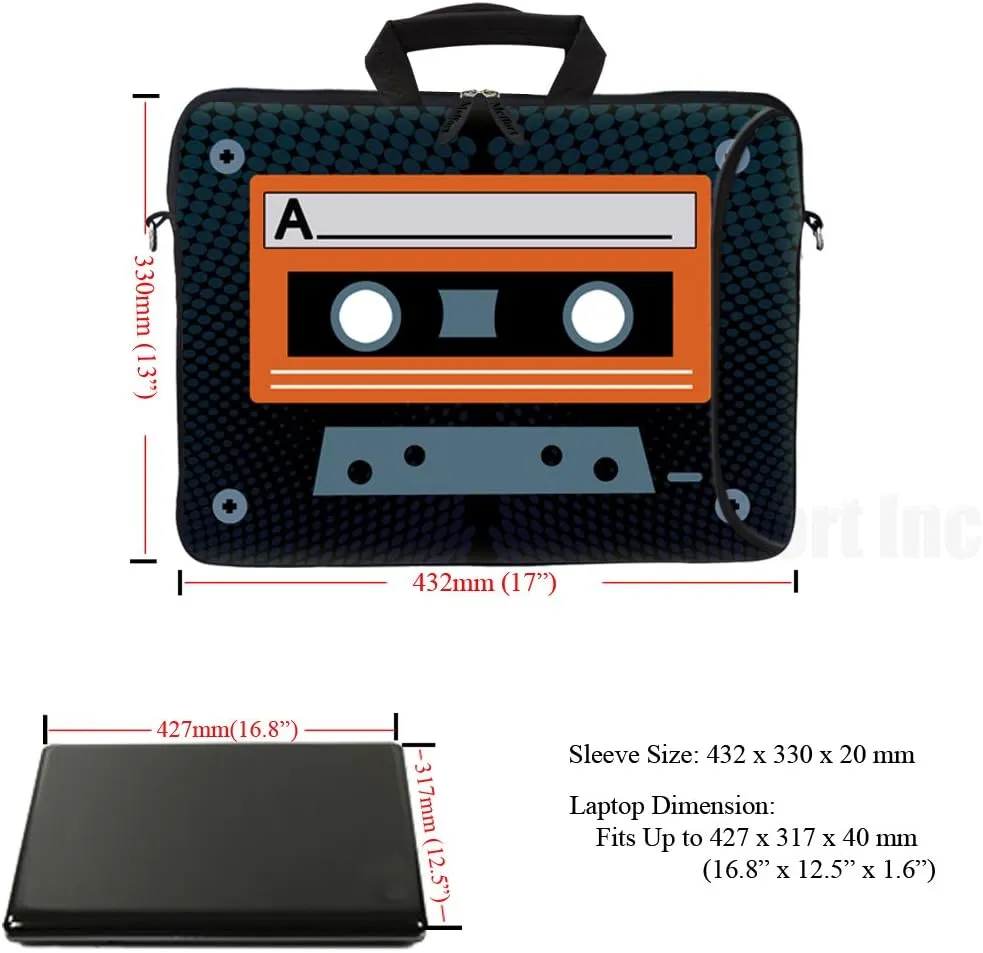 Meffort Inc 17.3 Inch Neoprene Laptop Bag with Extra Side Pocket, Soft Carrying Handle & Removable Shoulder Strap Fit 16" to 17.3" Laptop - Cassette Tape