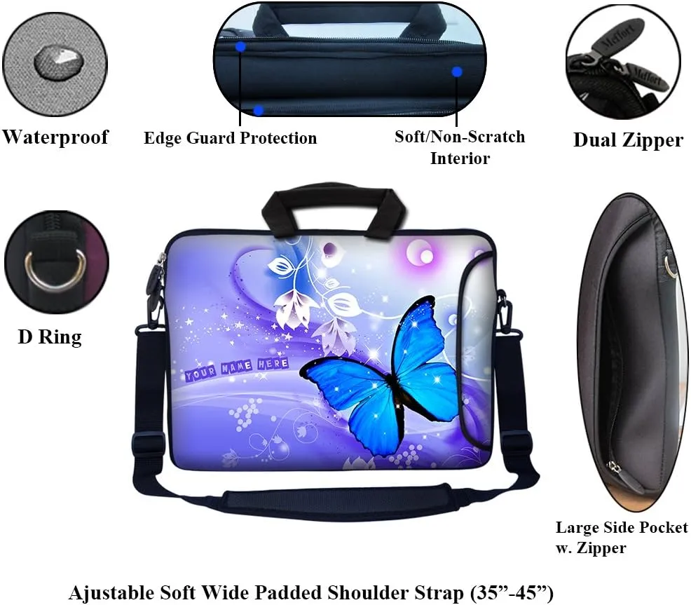 Meffort Inc Custom/Personalized Laptop Bag with Side Pocket & Shoulder Strap for Notebook Ultrabook Chromebook, Customized Your Name (17.3 Inch, Blue Butterflies)