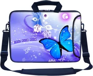 Meffort Inc Custom/Personalized Laptop Bag with Side Pocket & Shoulder Strap for Notebook Ultrabook Chromebook, Customized Your Name (17.3 Inch, Blue Butterflies)