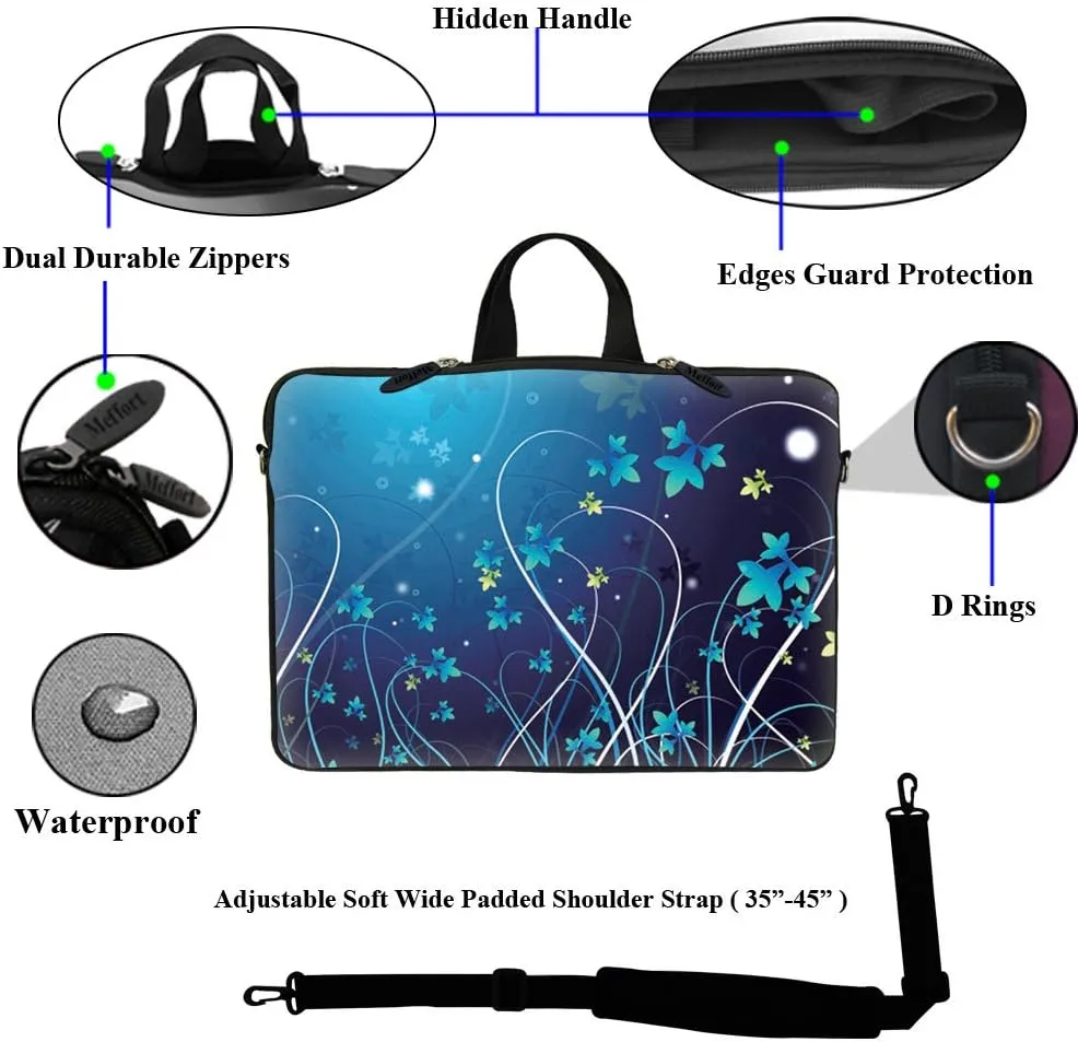 Meffort Inc Neoprene Laptop Sleeve Bag with Hidden Handle & Adjustable Shoulder Strap for 17 17.3 inch Notebook - Blue Swirl Flower Design