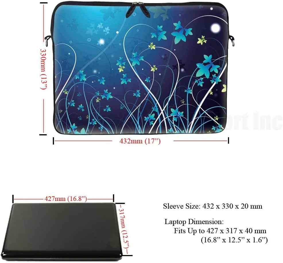 Meffort Inc Neoprene Laptop Sleeve Bag with Hidden Handle & Adjustable Shoulder Strap for 17 17.3 inch Notebook - Blue Swirl Flower Design