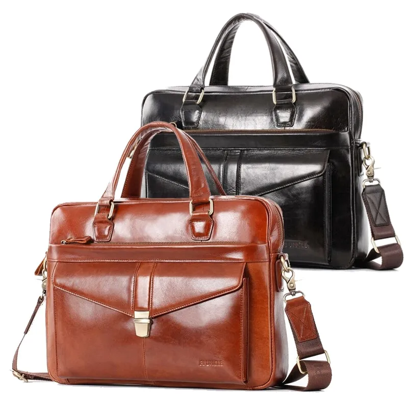 Men Briefcase Genuine Leather 14 inch Laptop Bag