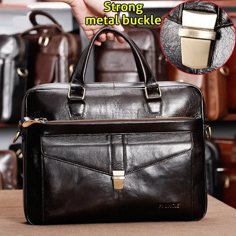 Men Briefcase Genuine Leather 14 inch Laptop Bag