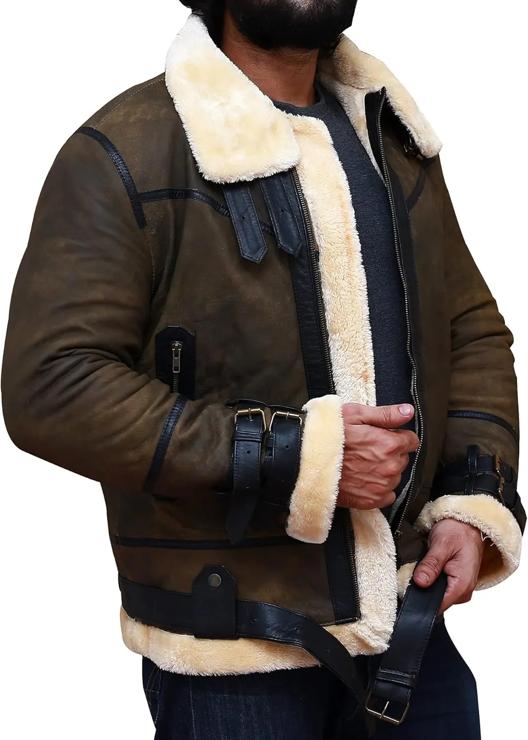 Men S Aviator RAF B3 Shearling Sheepskin Brown Leather Bomber Jacket