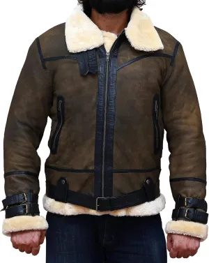 Men S Aviator RAF B3 Shearling Sheepskin Brown Leather Bomber Jacket