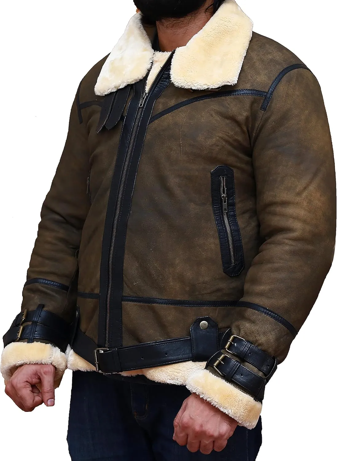 Men S Aviator RAF B3 Shearling Sheepskin Brown Leather Bomber Jacket