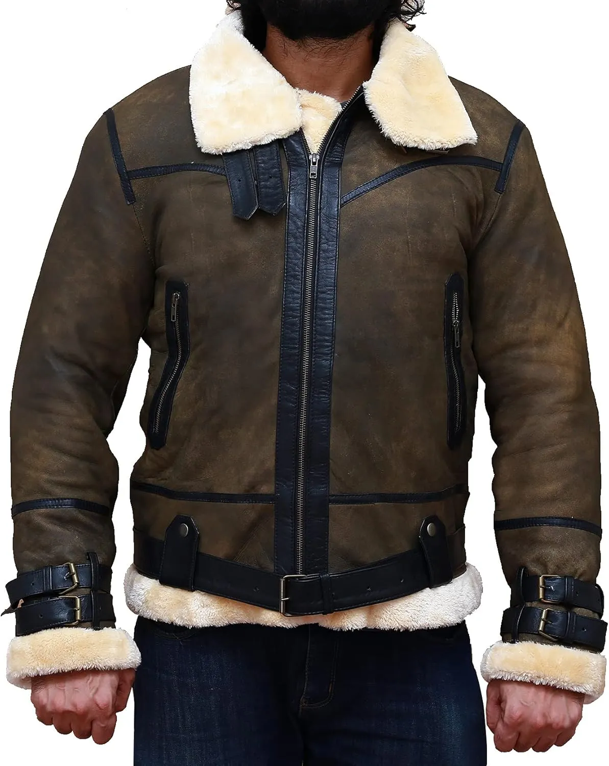 Men S Aviator RAF B3 Shearling Sheepskin Brown Leather Bomber Jacket