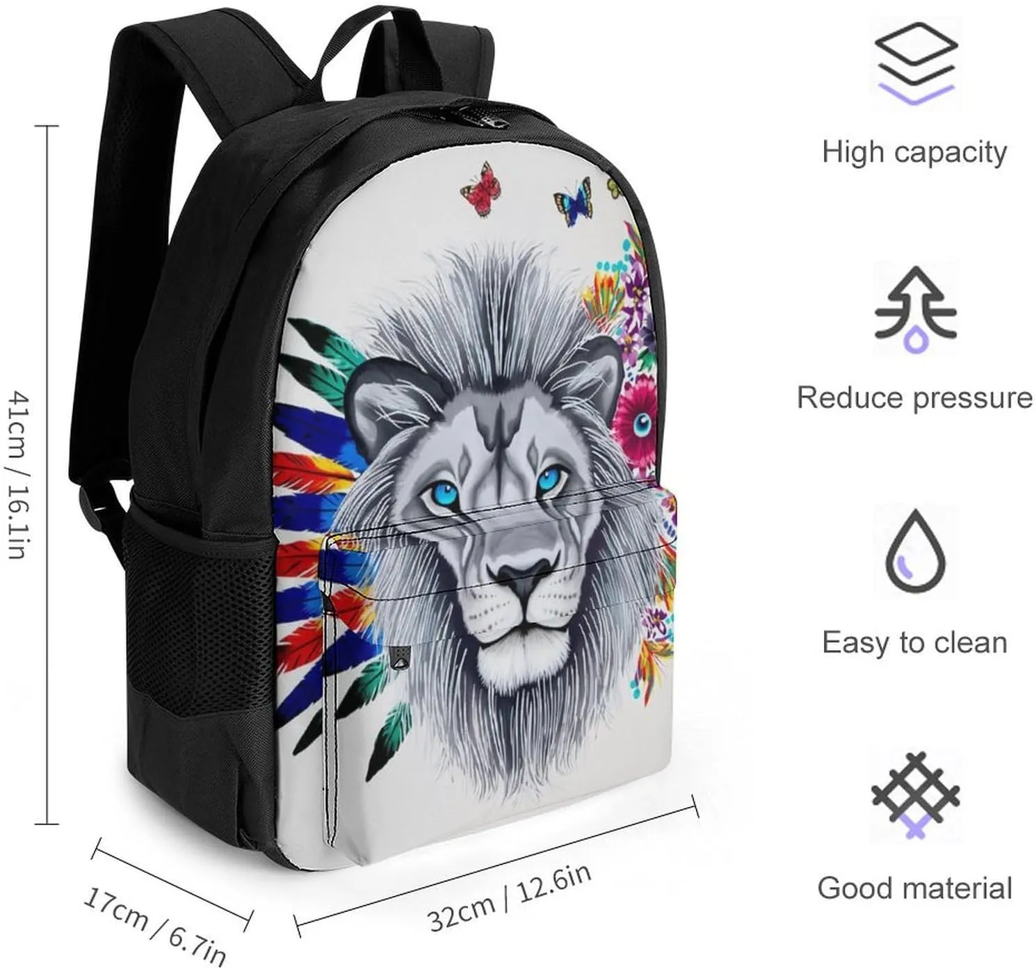 Men Women Lightweight Lion Feather Flower Butterflies Art Daypack Bookbag Big Capacity Carry On Bag With Side Pockets for Camping Travel Bicycle