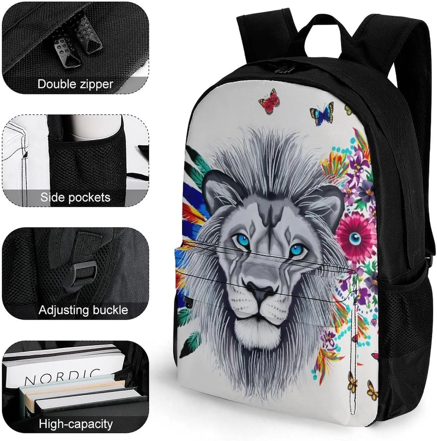 Men Women Lightweight Lion Feather Flower Butterflies Art Daypack Bookbag Big Capacity Carry On Bag With Side Pockets for Camping Travel Bicycle