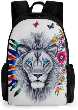Men Women Lightweight Lion Feather Flower Butterflies Art Daypack Bookbag Big Capacity Carry On Bag With Side Pockets for Camping Travel Bicycle