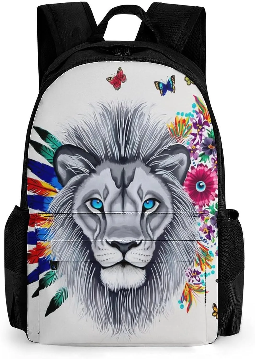 Men Women Lightweight Lion Feather Flower Butterflies Art Daypack Bookbag Big Capacity Carry On Bag With Side Pockets for Camping Travel Bicycle