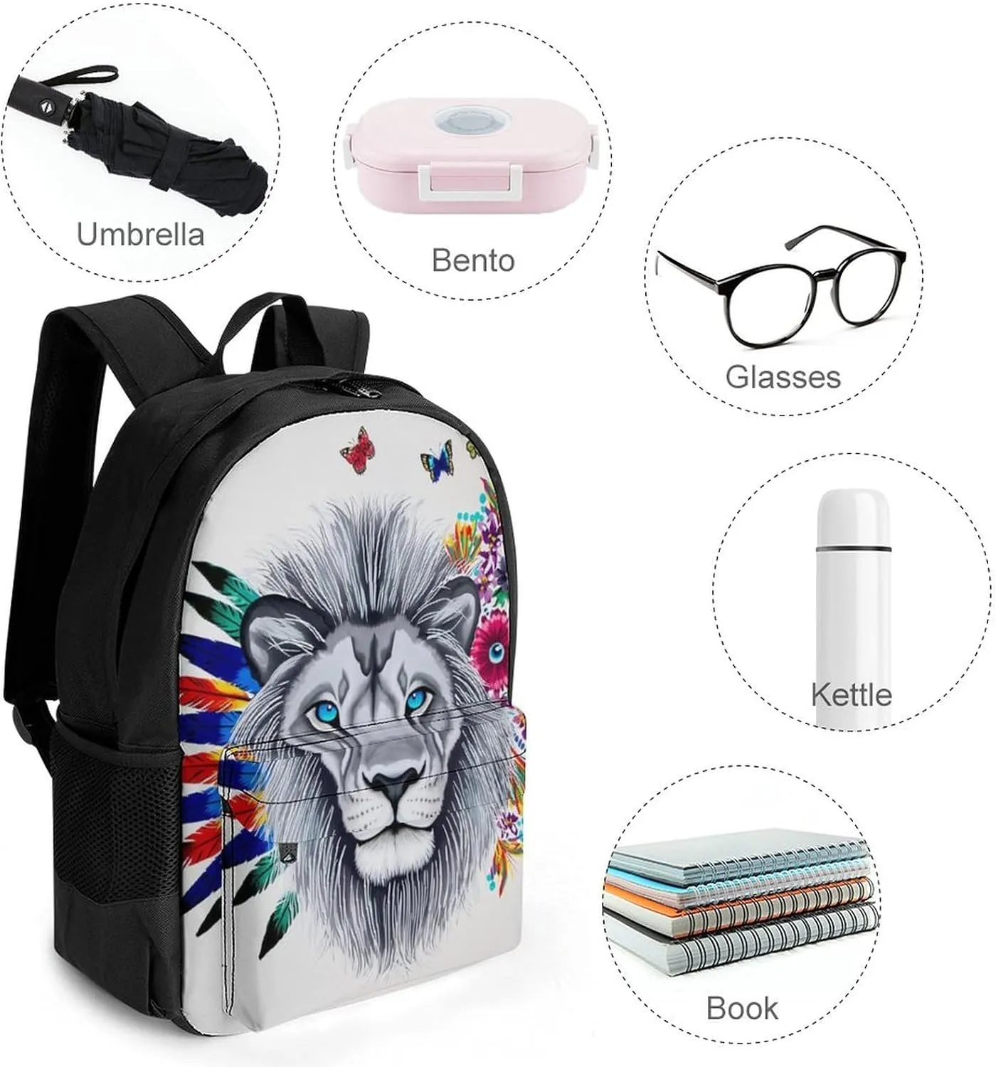 Men Women Lightweight Lion Feather Flower Butterflies Art Daypack Bookbag Big Capacity Carry On Bag With Side Pockets for Camping Travel Bicycle