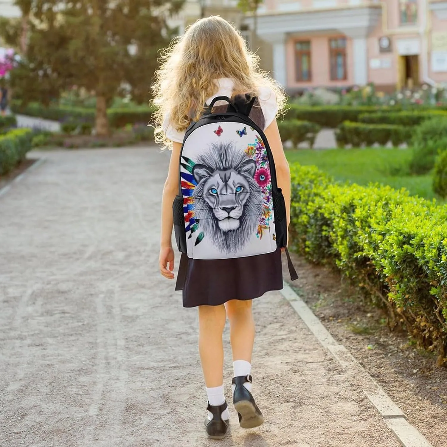 Men Women Lightweight Lion Feather Flower Butterflies Art Daypack Bookbag Big Capacity Carry On Bag With Side Pockets for Camping Travel Bicycle