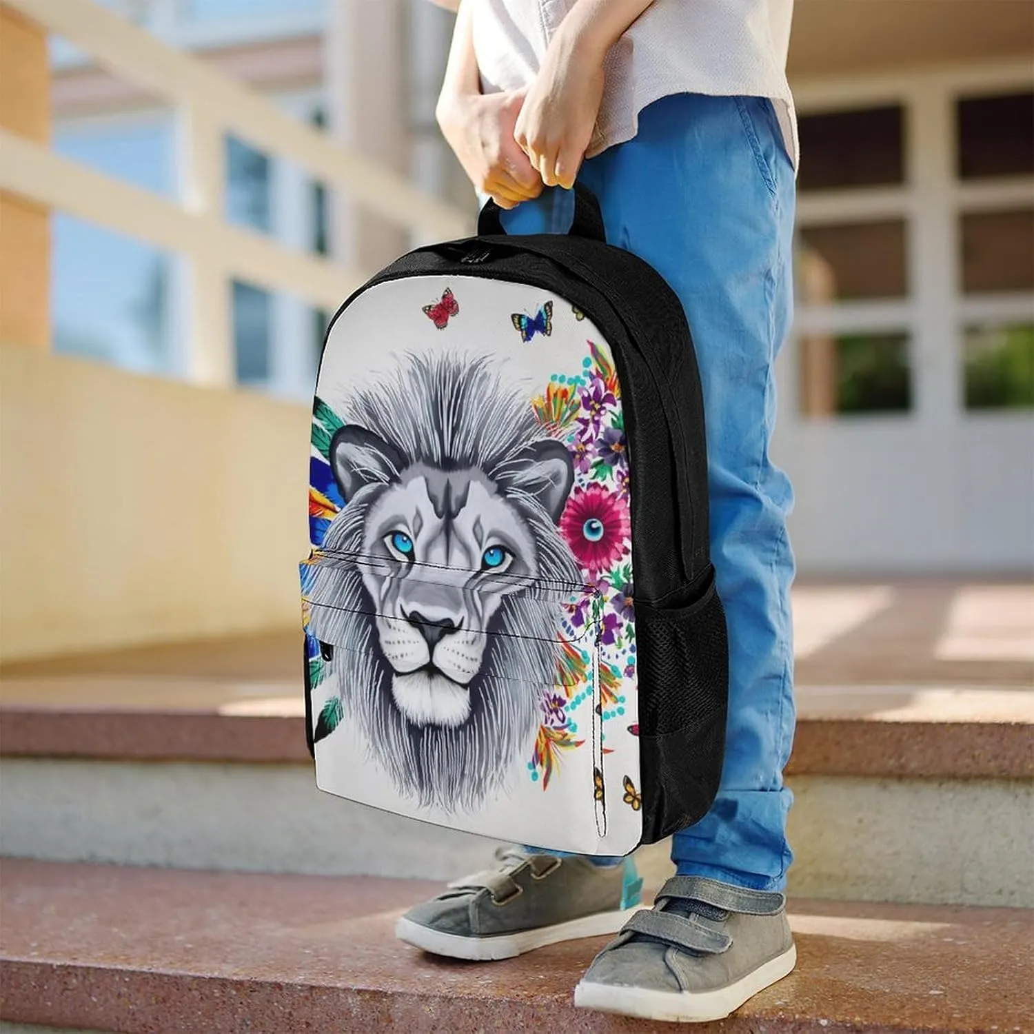 Men Women Lightweight Lion Feather Flower Butterflies Art Daypack Bookbag Big Capacity Carry On Bag With Side Pockets for Camping Travel Bicycle