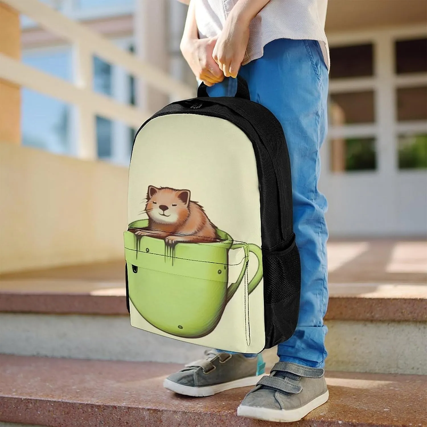 Men Women Polyester Adorable Cat Coffee Art Daypack Big Capacity Shoulder Bag With Smooth Zippers for Hiking Work Walking Cycling