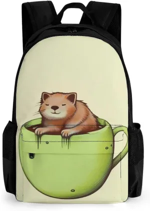 Men Women Polyester Adorable Cat Coffee Art Daypack Big Capacity Shoulder Bag With Smooth Zippers for Hiking Work Walking Cycling