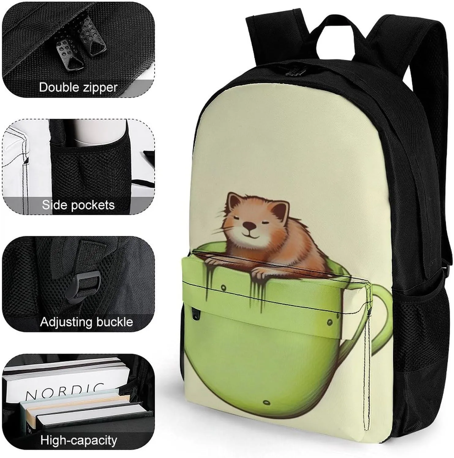 Men Women Polyester Adorable Cat Coffee Art Daypack Big Capacity Shoulder Bag With Smooth Zippers for Hiking Work Walking Cycling