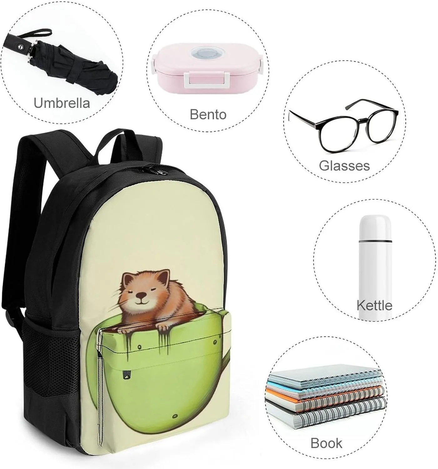 Men Women Polyester Adorable Cat Coffee Art Daypack Big Capacity Shoulder Bag With Smooth Zippers for Hiking Work Walking Cycling