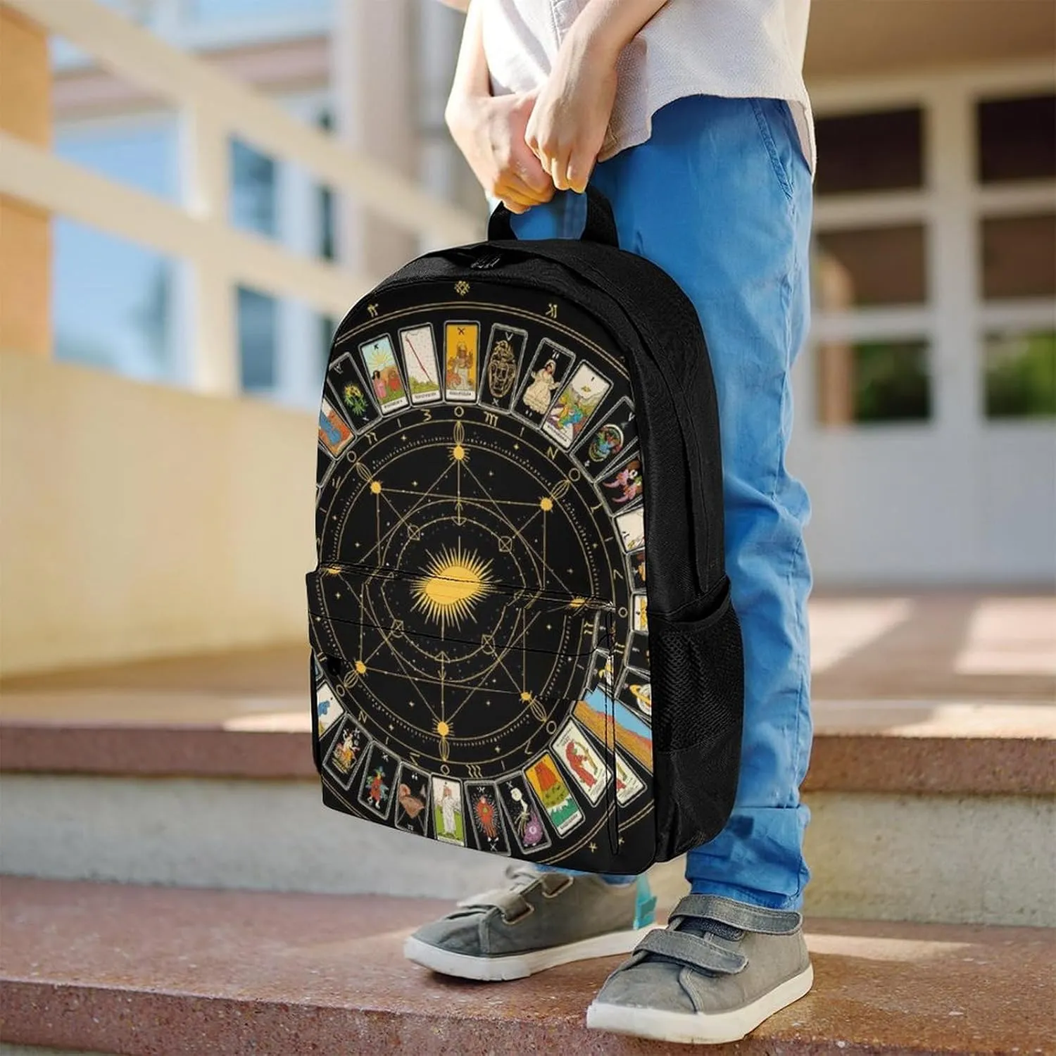 Men Women Polyester Astrology Tarot Original Art Daypack Big Capacity Shoulder Bag With Smooth Zippers for Hiking Work Walking Cycling