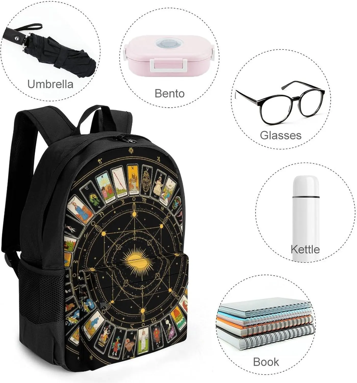 Men Women Polyester Astrology Tarot Original Art Daypack Big Capacity Shoulder Bag With Smooth Zippers for Hiking Work Walking Cycling