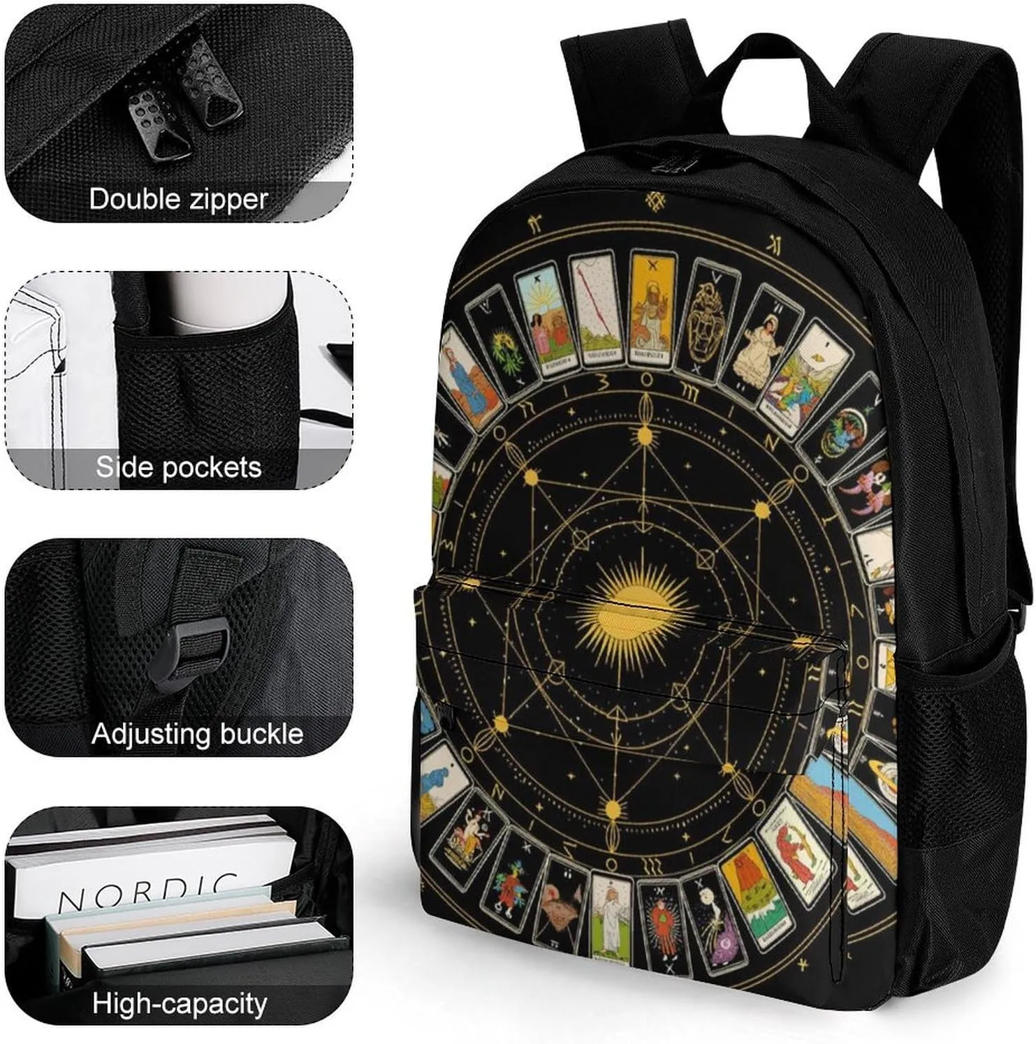 Men Women Polyester Astrology Tarot Original Art Daypack Big Capacity Shoulder Bag With Smooth Zippers for Hiking Work Walking Cycling