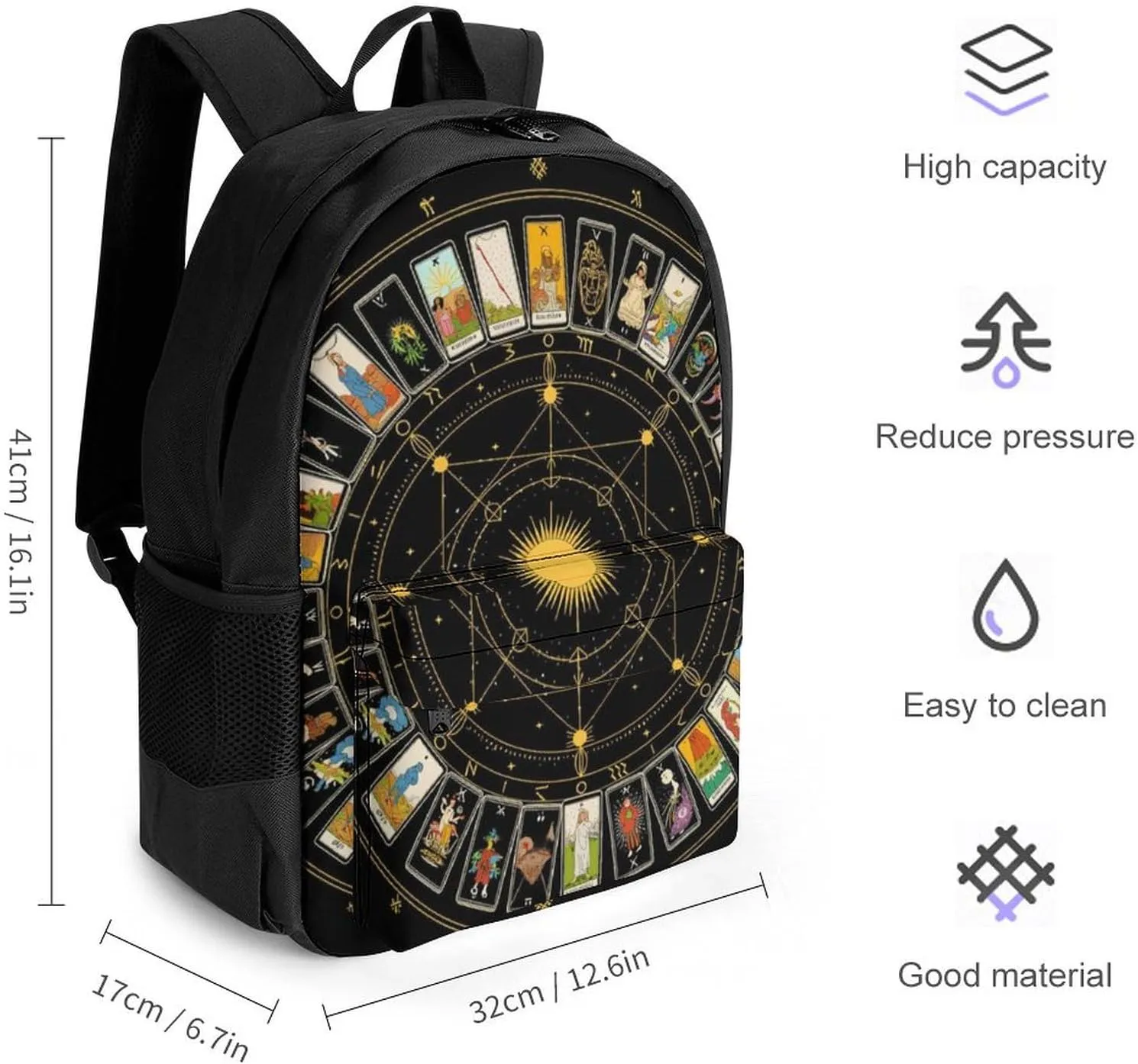 Men Women Polyester Astrology Tarot Original Art Daypack Big Capacity Shoulder Bag With Smooth Zippers for Hiking Work Walking Cycling