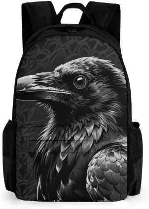Men Women Polyester Black Crow Raven Bird Art Daypack Big Capacity Shoulder Bag With Smooth Zippers for Hiking Work Walking Cycling